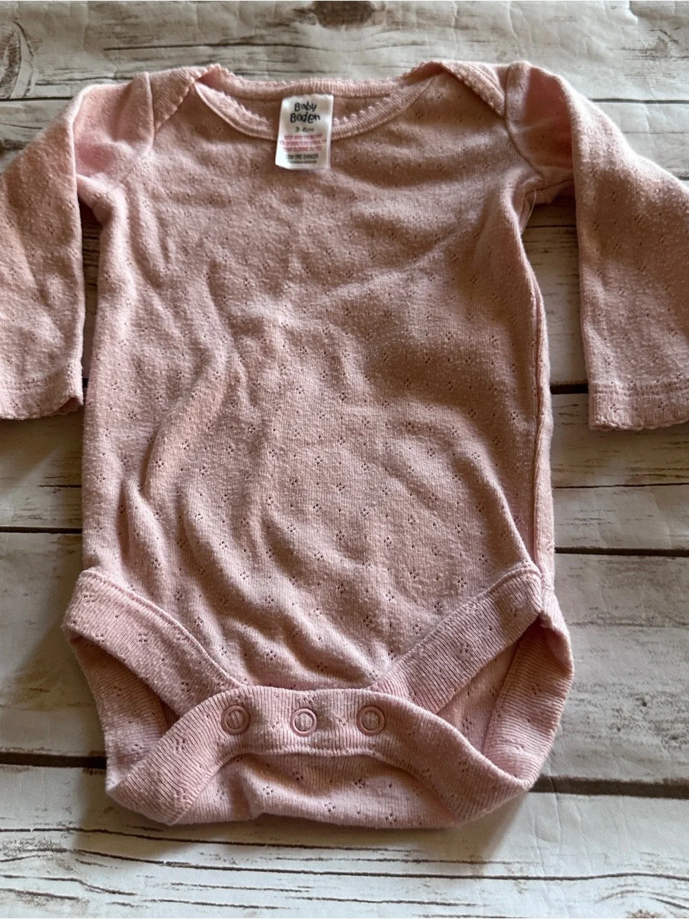 Baby Boden pink pointelle bodysuit fair pilling, size 3-6m